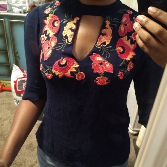 Blue Rain Embroidered Top, Size Small, Navy Blue - Picture 8 of 8